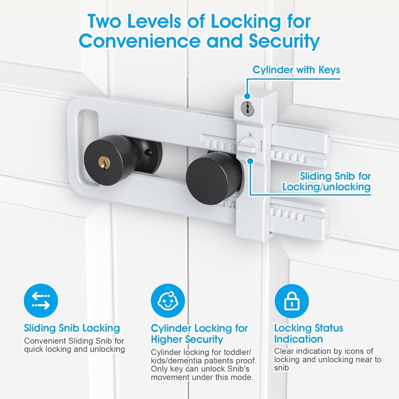 AST Double Door Lockout Device, French Door Reinforcement Lock with 3 Keys, Lockout to Double Door Knobset and Handleset, Childproof Door Lock, Premium Version (Matte White with Keyed Differ) - Image 2